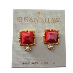 Susan Shaw London Studs Red Gem Gold Tone Pearl Handmade USA Post Back Earrings